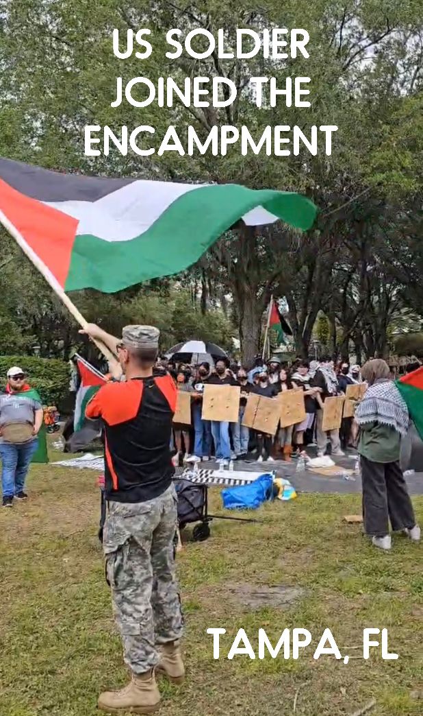 University of South Florida students continue their protest against the Israeli genocide in Gaza. An American soldier joins the encampment one day after USF police arrested 4 students.