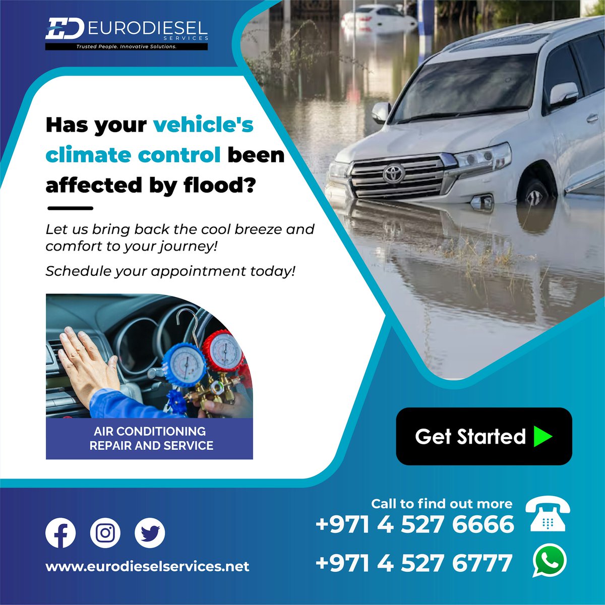 Has your vehicle's climate control been washed out by the unforgiving floods? Fear not! #EurodieselServices #DubaiRain #CarCare #FloodRecovery #CarACRepair #AutoRepair #FloodDamage #ACService #VehicleRestoration #UAE #Dubai #Sharjah #Automotive #AirCondition #ACService