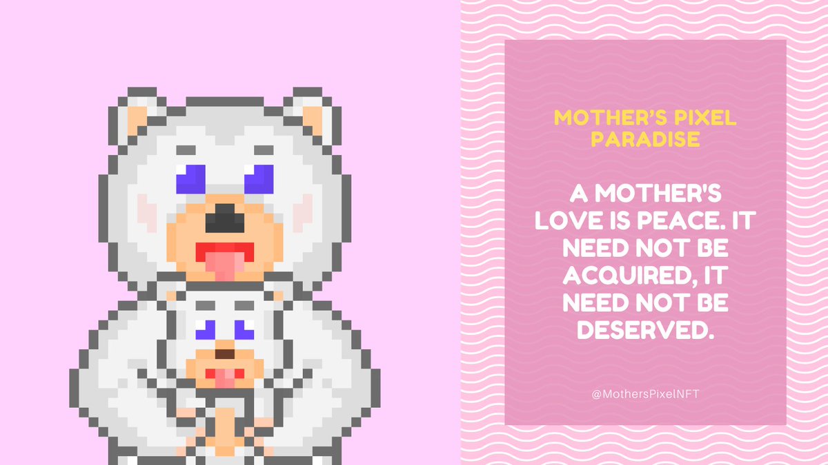 MothersPixelNFT's tweet photo. A mother's love is peace. It need not be acquired, it need not be deserved -Erich Fromm
#NFTCommunity #NFTs #NFTArts #nftart #nftcollector #NFTNYC2024 #pixelart #MothersDay #motherslove #NFTsales #OpenSeaCollection #Ethereum #NFTdrops https://t.co/GugyyEMjsl