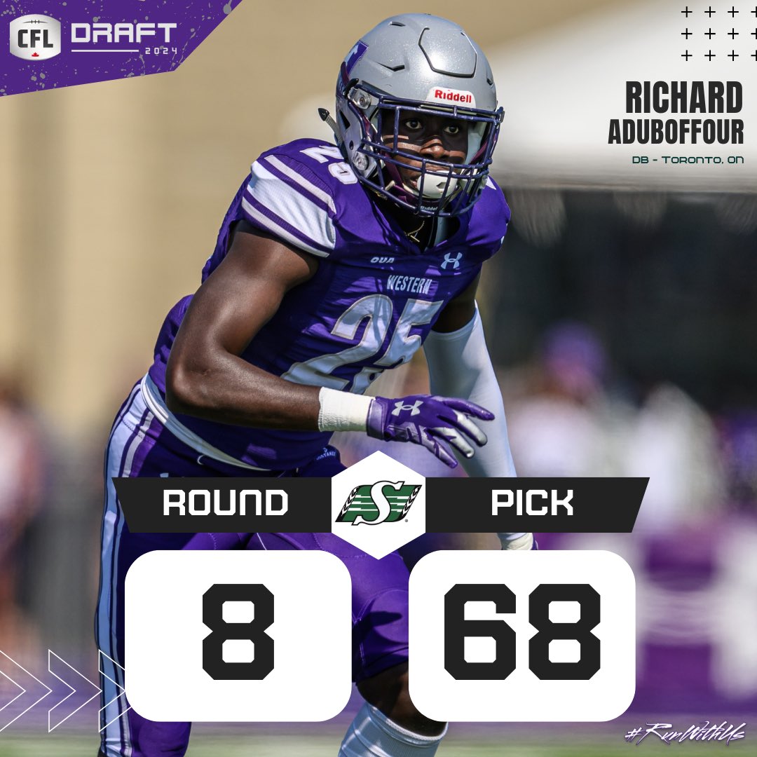 🏈 The @westernuFB saw a pair of student-athletes selected in the @CFL Draft Tuesday night. ▶️ Mohsen Jamal 65th overall to @MTLAlouettes ▶️ Richard Aduboffour 68th overall to @sskroughriders Congrats to both on the well deserved recognition. #RunWithUs #WesternMustangs…