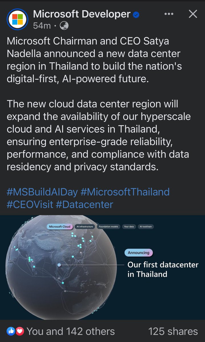 Microsoft Chairman and CEO Satya Nadella announced a new data center region in Thailand to build the nation's digital-first, AI-powered future.

The new cloud data center region will expand the availability of our hyperscale cloud and AI services in Thailand, ensuring…