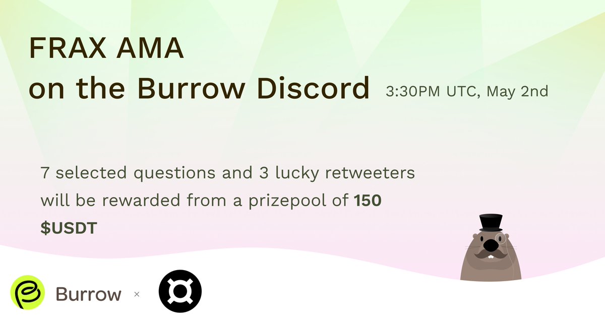 Hogs! #AMAs are back 🔥 Prepare to join us for a text AMA session with @fraxfinance on Burrow Discord🎙️ During the AMA, 7 selected participants with questions and 3 lucky people who engage this post will be rewarded with 15 $USDC each 💰 More details👇 discord.com/invite/burrowd…