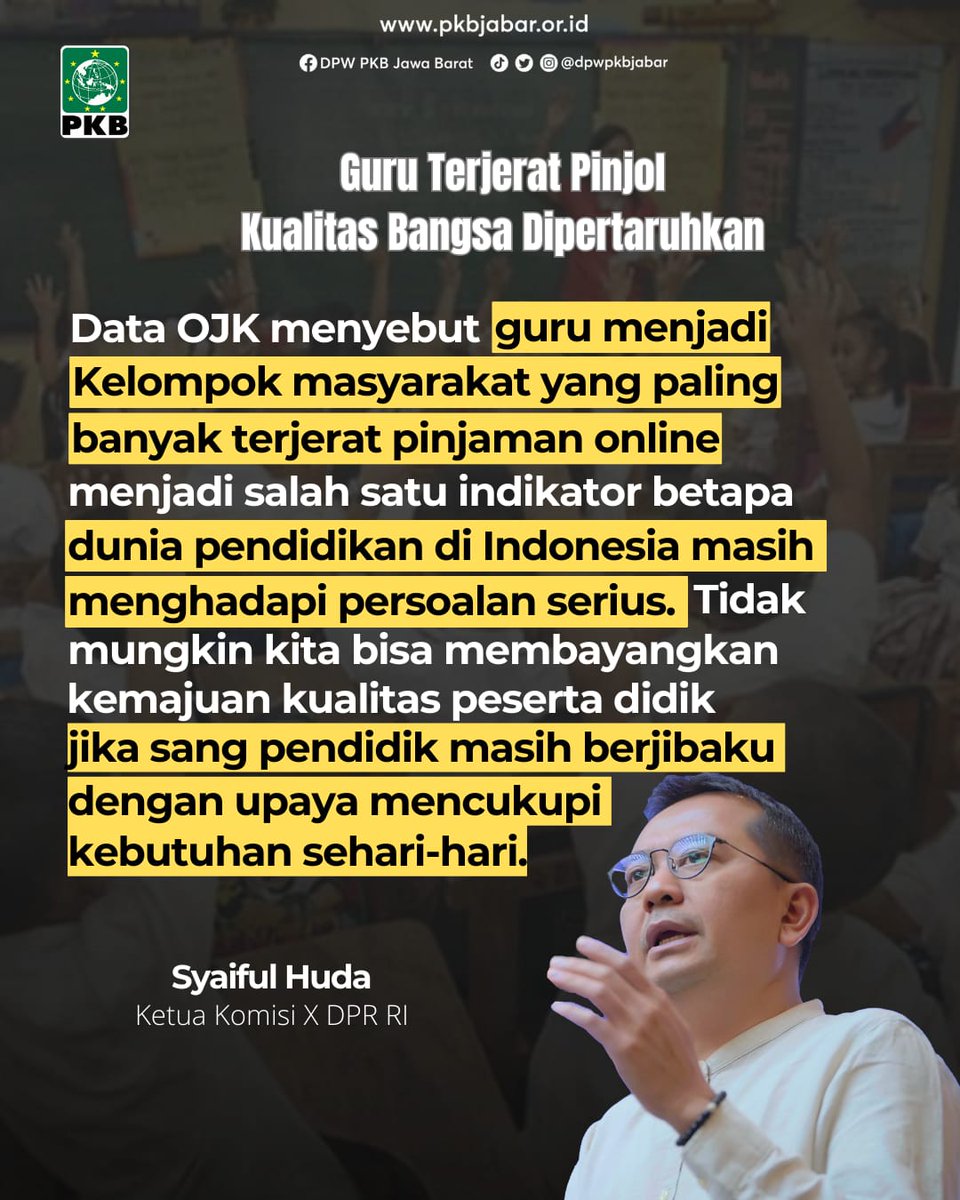 Karena tugas para guru bukan hanya mengajar, lebih dari itu menyentuh soal kehidupan, masa depan sebuah negara bangsa dan setiap manusianya 🇲🇨 Guru wajib sejahtera. Titik. —— #guru #pinjol #pppk #1PKB #SuaraPKB @DPP_PKB @cakimiNOW @EmHasanuddin @SyaifulHooda @AcepJamaludin01