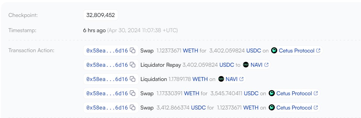 🫗 NAVI Liquidation Tracking With @blockvisionhq In addition to recently including our Flash Loans data, suivision.xyz has added Liquidation tracking to their block explorer for #NAVI Protocol. We appreciate Blockvision continuously providing data-pertinent features