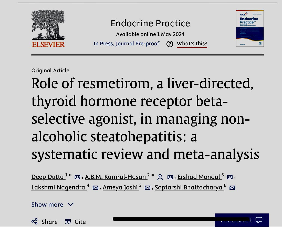 Resmetirom is the first FDA approved drug for treating nonalcoholic steatohepatitis. Our meta-analysis on the efficacy and safety of the drug has been published in Endocrine Practice, the official journal of AACE.

sciencedirect.com/science/articl…