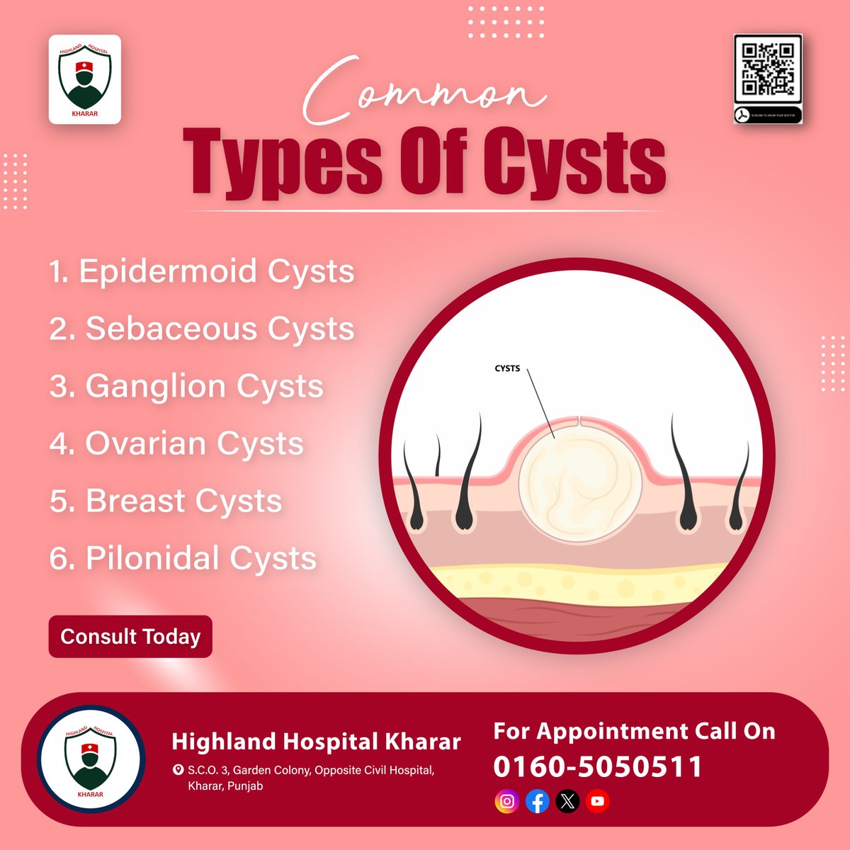 Did you know there are various types of #cysts that can occur in the body? At #HighlandHospitalKharar, we're dedicated to #educating you about these conditions and providing the best care possible.
.
#CystTypes #MedicalEducation #PatientCare #Kharar #Mohali #DrJatinderSingh