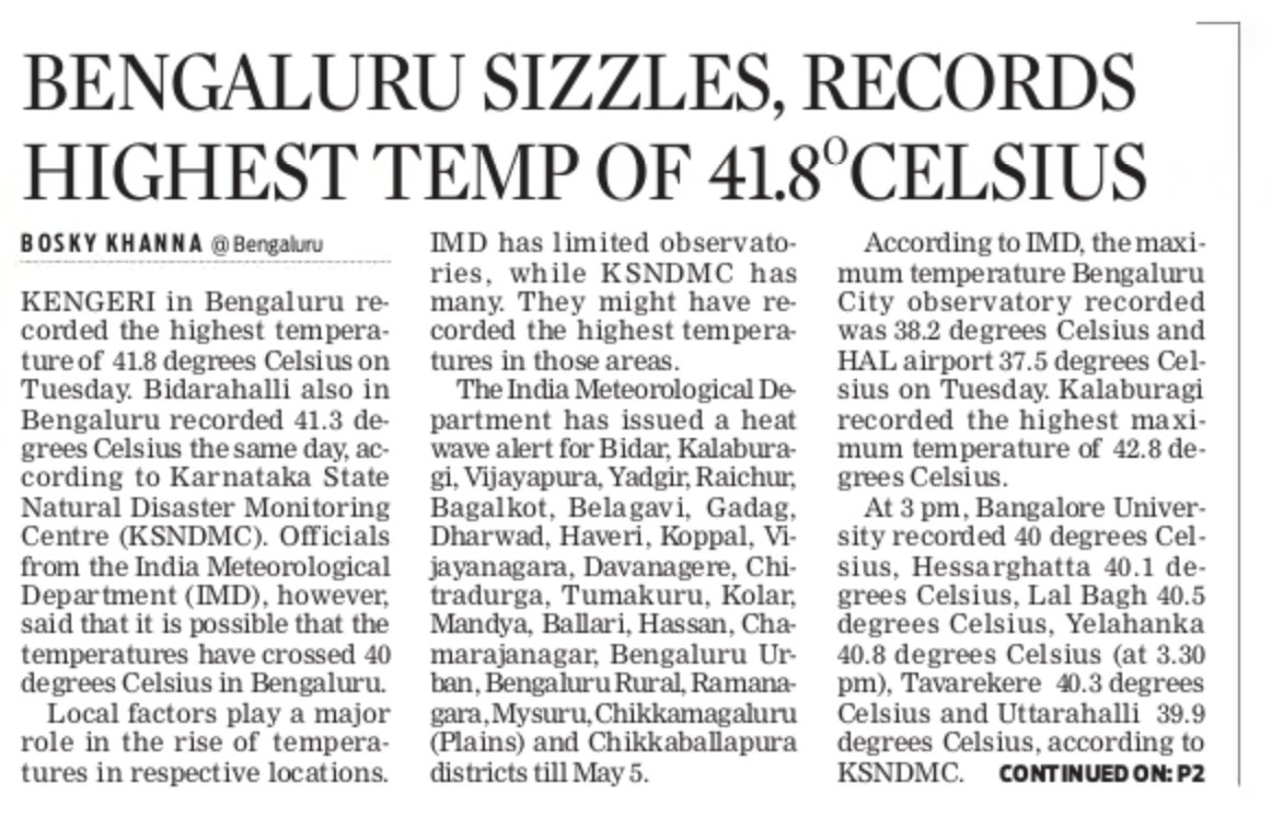 KSNDMC stations record 2-3°C higher temperatures across Karnataka due to radiation effect. They should rectify it. Media & people should consider IMD's data numbers for accurate temperatures recorded As per IMD's data, Bengaluru city has not crossed 40°C ever. ATH is 39.2°C