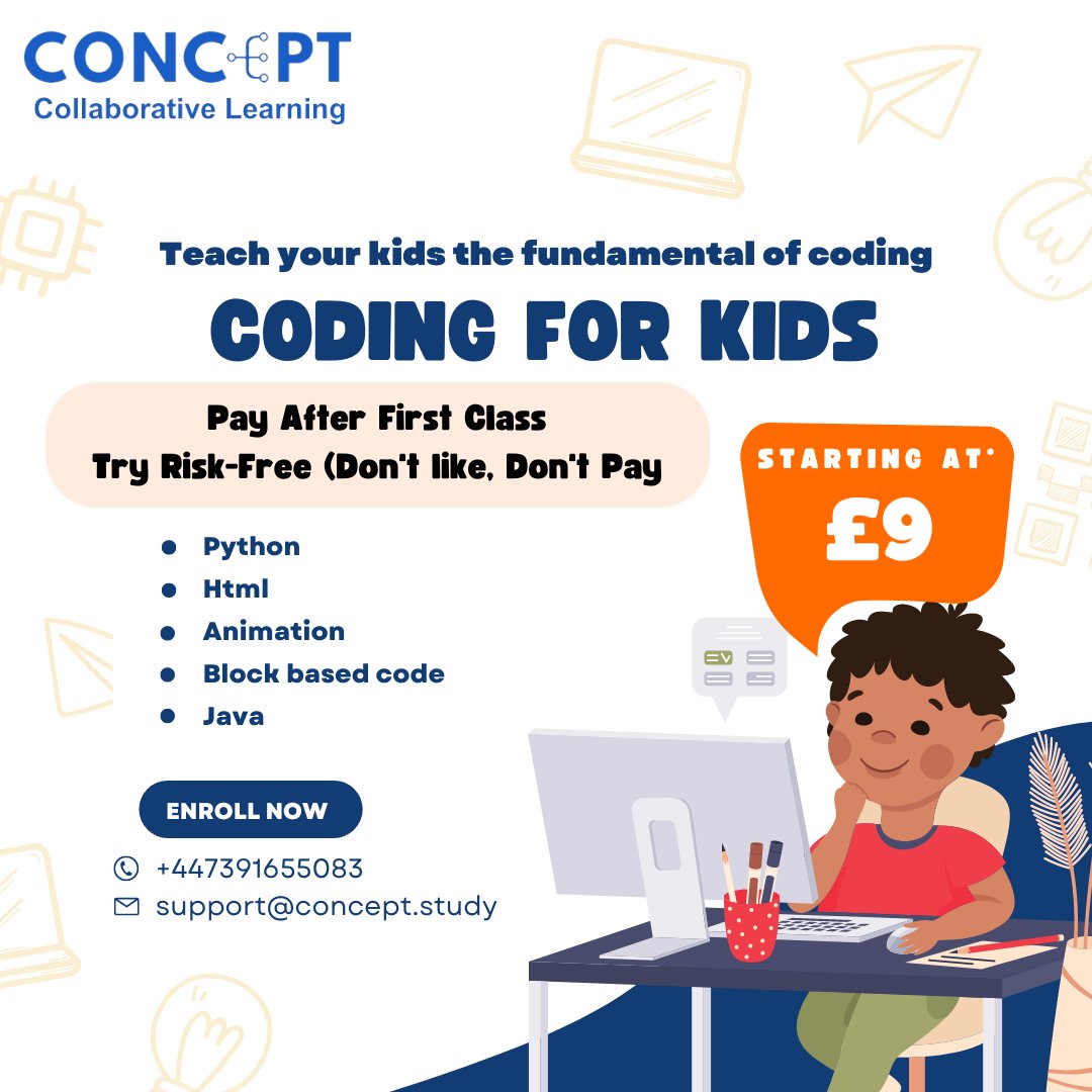 Ignite Your Child’s Future with our Coding Classes! 🚀

Enrollment form - concept.study/enrollment-cod…
.
#codingclass #onlineclass #onlinelearning #onlinelearningplatform #codingforkids #codingforbeginners #learningcode #animationclass #pythonlearning