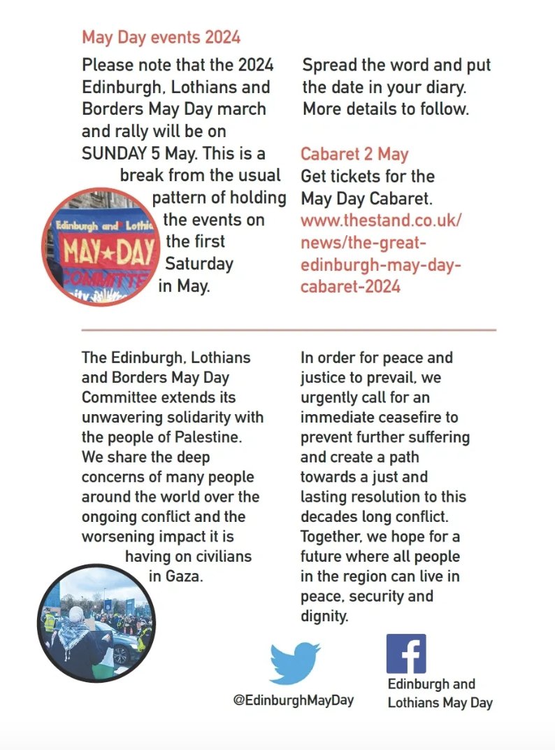 5 days to go!  Assemble 11.30am on Sunday 5th May 2024 @ Johnston Terrace, Edinburgh. 
<a href="/EdinburghMayDay/">Edinburgh and Lothians May Day</a>
#unions #edinburgh #mayday