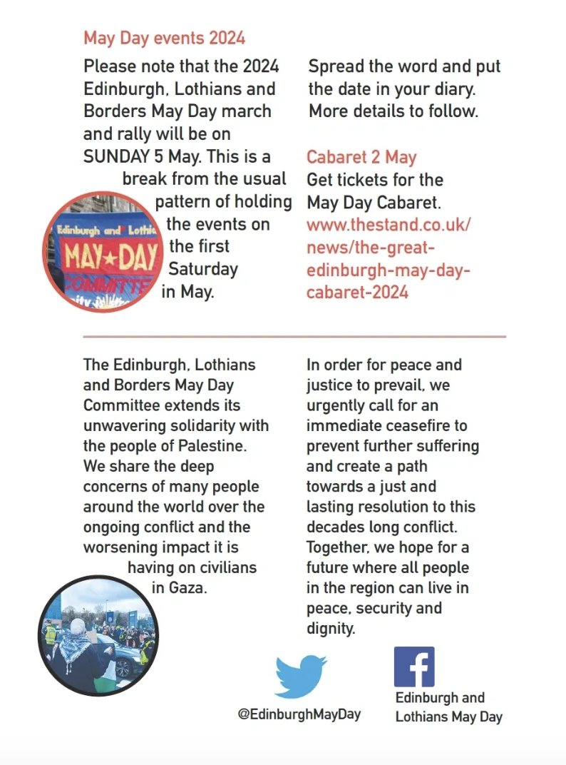 5 days to go! Assemble 11.30am on Sunday 5th May 2024 @ Johnston Terrace, Edinburgh. @EdinburghMayDay #unions #edinburgh #mayday