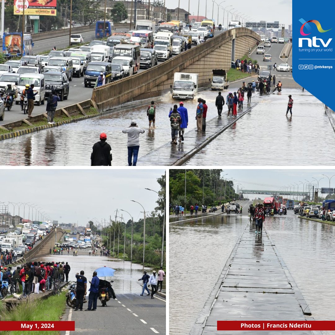 Scenes at a flooded section of the Thika Superhighway at Kahawa Sukari exit on Wednesday.