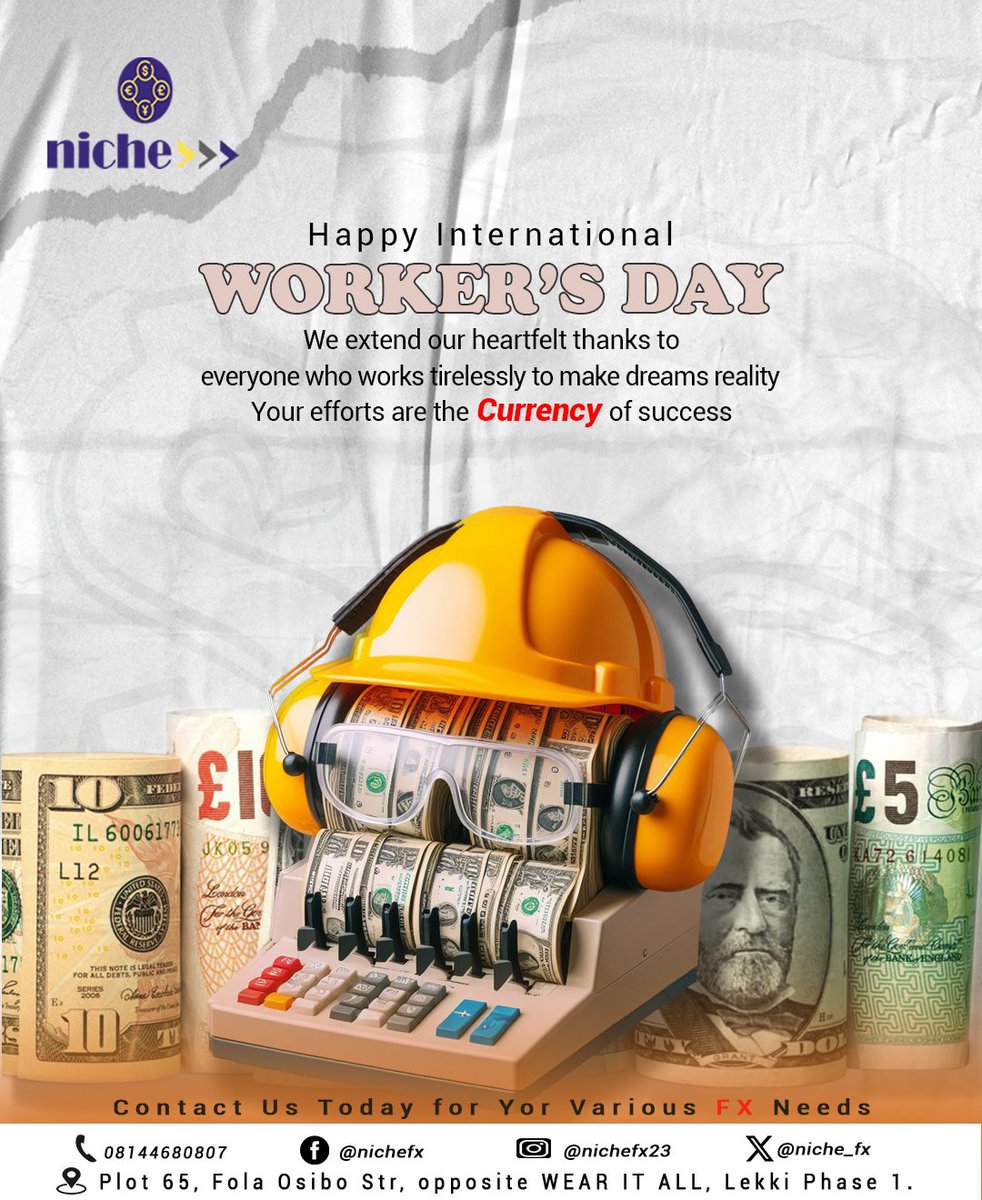 niche_fx's tweet photo. Happy Worker's Day!! 

We extend our heartfelt thanks to everyone who works tirelessly to make dreams a reality!

Thank you!
#workersday2024 #BDC #lekki #lagos #naira #dollars #pounds #euros #nigerians London Salary Eko Atlantic https://t.co/RfZUQhpENc