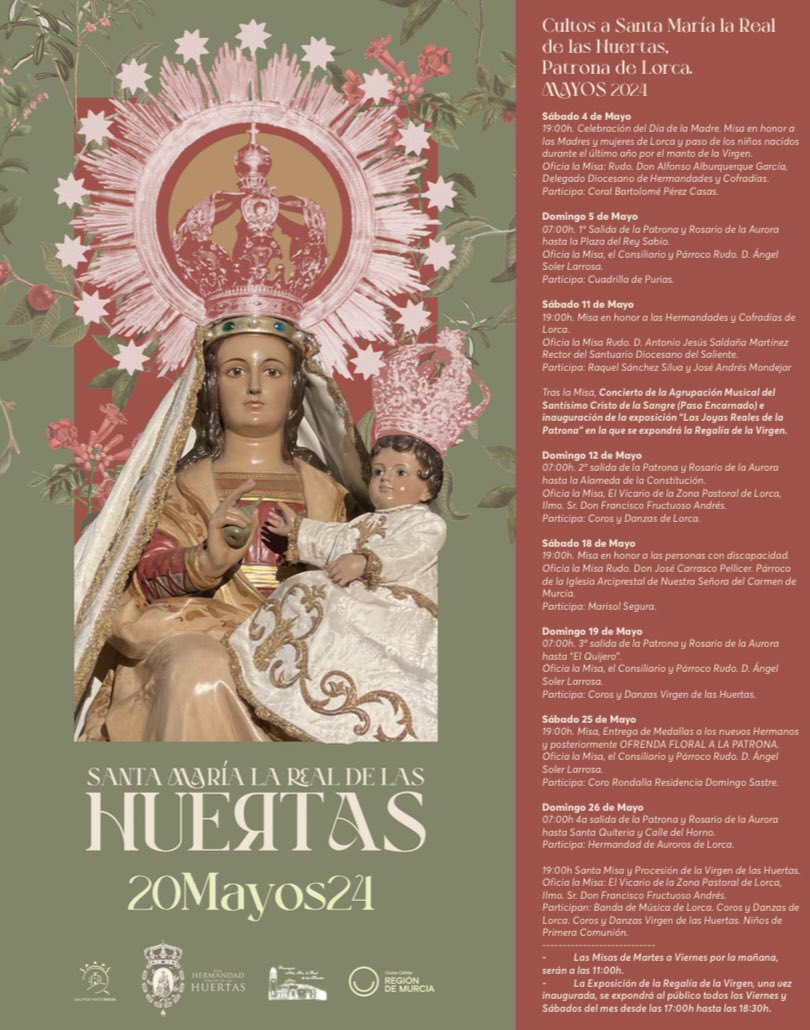El próximo sábado 11 de Mayo participaremos en los Cultos a Santa María Real de las Huertas, Patrona de Lorca, con un concierto de marchas dedicadas a la figura de la Virgen.Queremos agradecer a la Real Hdad Virgen de las Huertas la confianza depositada en nosotros por participar