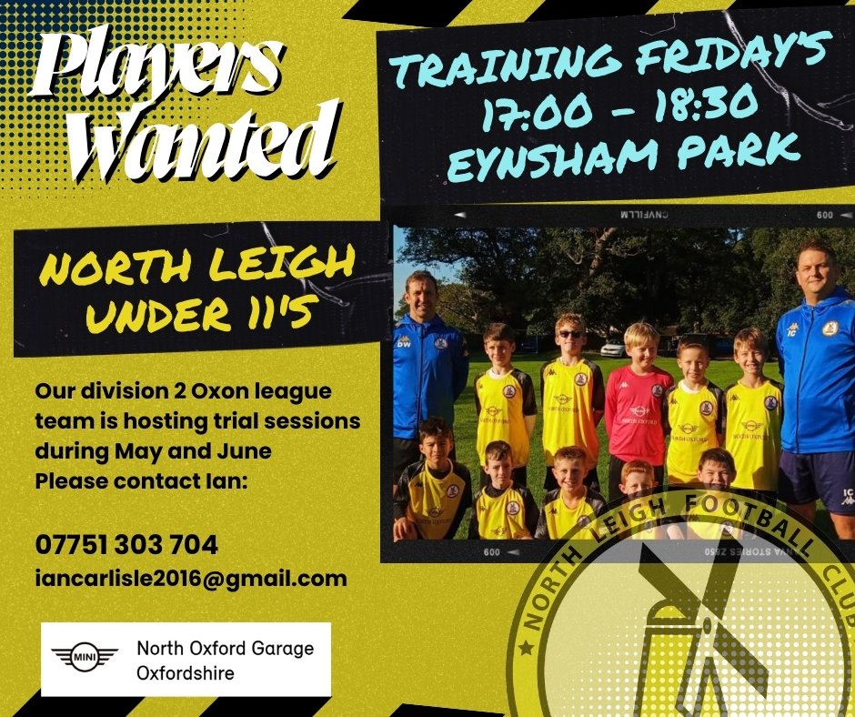 North Leigh FC under 11's are hosting trial sessions for new players during May and June, if you child will be eligible for under 11's football in the coming season why not drop Ian a line and come along.