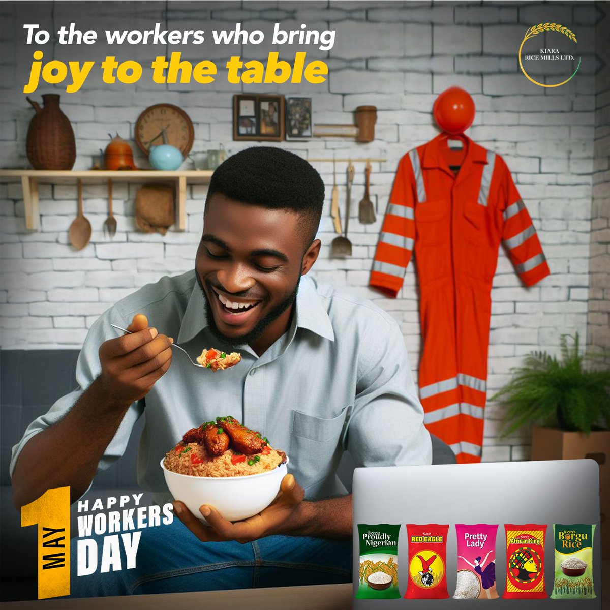 Today, we celebrate those who ensure a bag premiumness is in every Nigerian home.
Happy Worker's Day.

#TheTasteofjoy #krm #kiararicemills #tastejoy #joy #Food #Rice #Nigeria #Borgu #ProudlyNigerian #RedEagle #PrettyLady #AfricanKing #Nigeria #foodie #May #WorkersDay