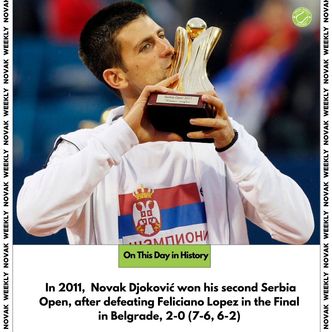 📅 On This Day in Novak History 🏆 𝟐𝟎𝟏𝟏 - Novak Djoković won his second Serbia Open title, after defeating Feliciano Lopez in the Final, 2-0 (7-6, 6-2). Hopefully, we'll see the return of Serbia Open in 2024 alongside the GOAT @DjokerNole #NoleFam