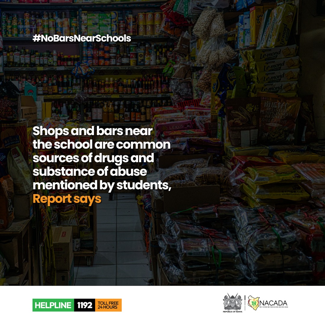 Research conducted in Primary schools in Kenya in 2019 shows that the common sources of drugs and substance of abuse mentioned by students include kiosks or shops and bars near the school. Let us all make the children's environment safe #NoBarsNearSchools