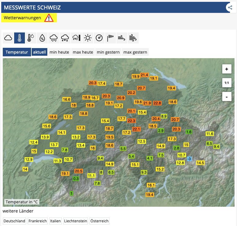 MeteoNewsAG's tweet photo. Die #Temperaturen klettern in die Höhe. Heute erwarten wir im zentralen und östlichen Mittelland Höchstwerte um 22 bis 24 Grad. ☀️
Die aktuellen #Messwerte gibt es hier: https://t.co/iIswsfGbNg (aw) https://t.co/rhytmhuP4T