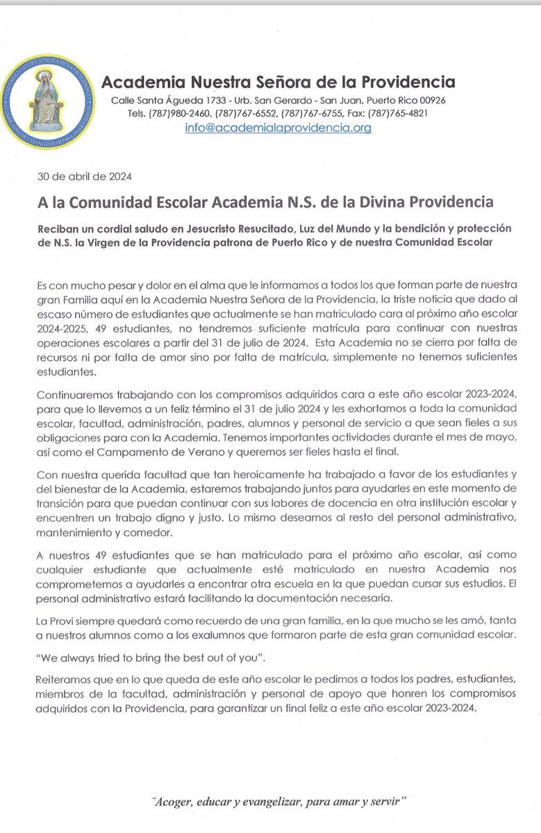 [EXCLUSIVO] Academia Nuestra Señora de la Providencia de San Juan anuncia el cierre de la institución tras baja matrícula. El colegio se suma a otras del área metro que cerrarán sus puertas al final de este año escolar, como Carvin School en Carolina y el Colegio Beato en Bayamón