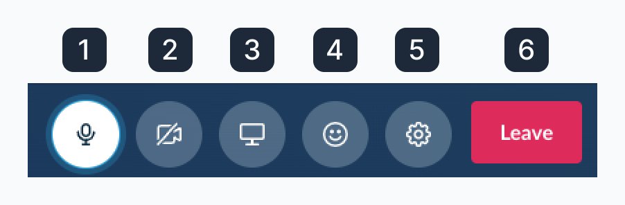 I'm always a little confused by Slack's huddle interface. The microphone button (1) is white because my microphone is on. The icon reflects that. The camera button (2) uses the same approach. But the screen share button's icon represents action (3).