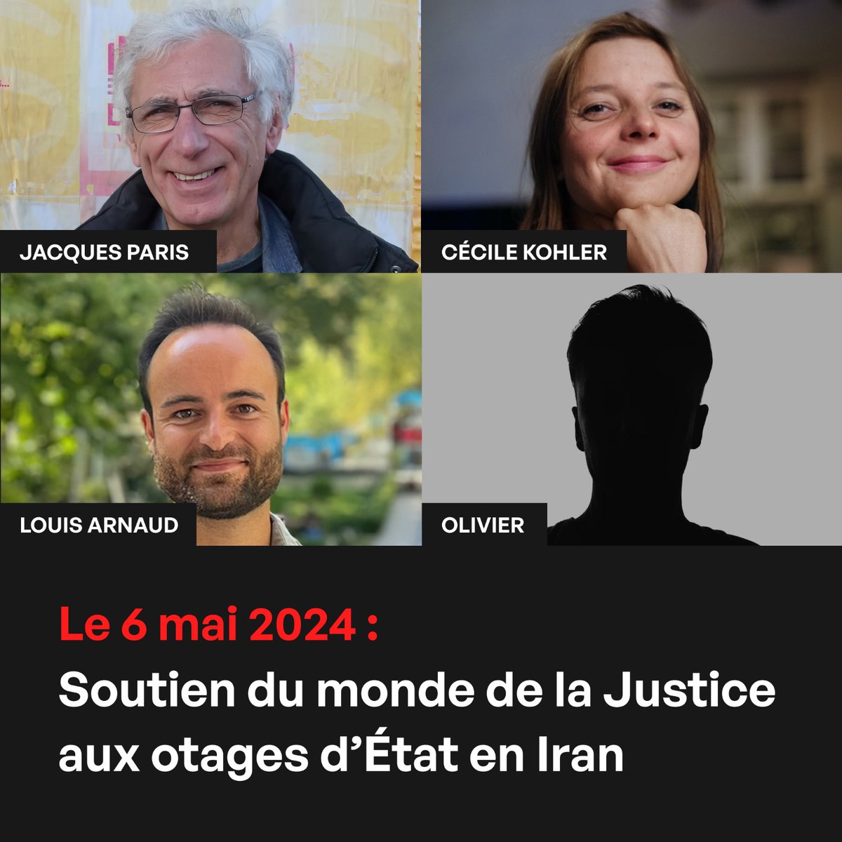 Les Barreaux de toute la France se mobilisent le 6 mai 2024, en soutien aux 4 ressortissants français, otages d’Etat en Iran. Afin qu’enfin soient libérés: Cécile, Jacques, Louis et Olivier. @Conf_Batonniers @CNBarreaux @cobseco @COBEST_ @ConfRegBatOuest @COBHAF @ERAGE_