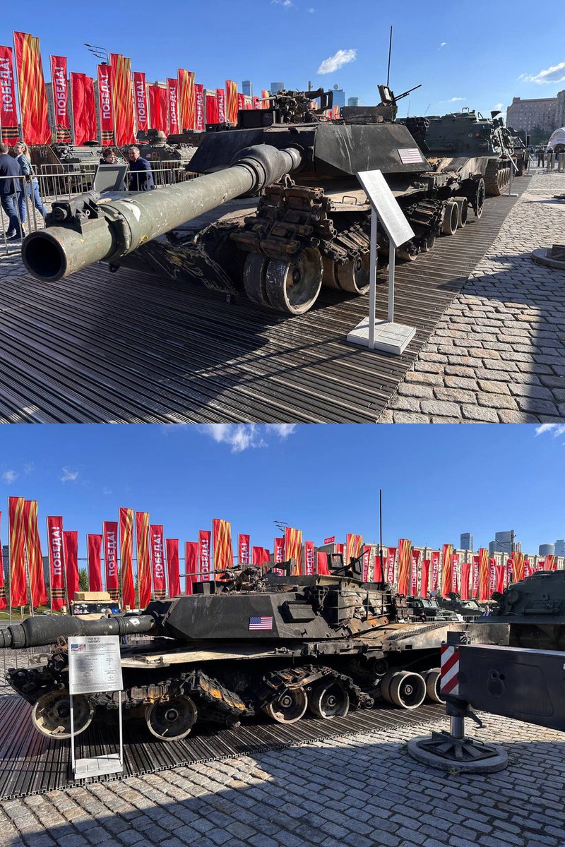 🇷🇺💥🇺🇲🇺🇦El tanque estadounidense Abrams fue instalado un par de horas antes de la inauguración de la exposición de equipos de la OTAN en Moscú.

Parece que lo mostrarán tal y como fue recogido del frente,hubiera sido mejor hacerle una restaurada para que se vea más presentable.😄