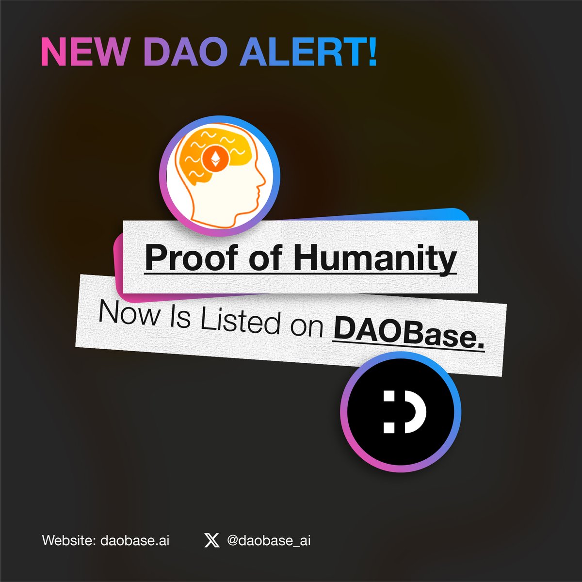 𝗡𝗲𝘄 𝗗𝗔𝗢 𝗔𝗹𝗲𝗿𝘁 🚀

@ProofofHumanity is now listed and verified on DAOBase ✅

By using webs of trust and dispute resolution, Proof of Humanity, built with @Kleros_io, is a list of unique humans that can be leveraged for fair airdrops, social recovery, anti-spam tools,…