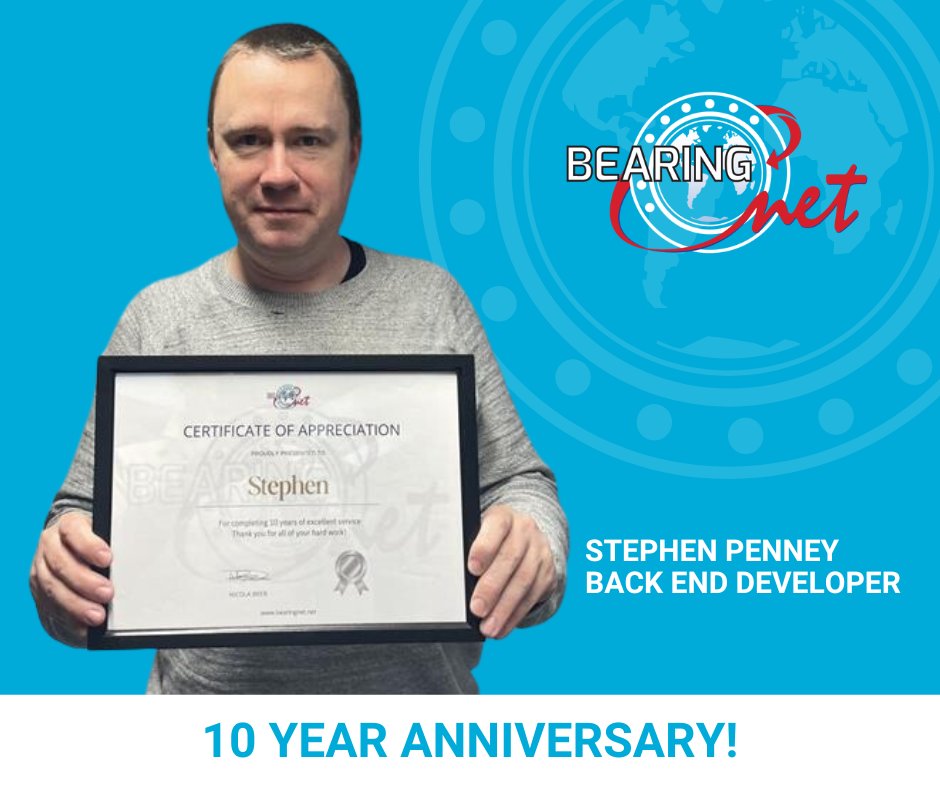 A massive congratulations to Stephen Penney, who has accomplished his 10 year anniversary with BearingNet! Here's to the next 10 years Stephen! #10years #anniversary #congratulations #bearingnet