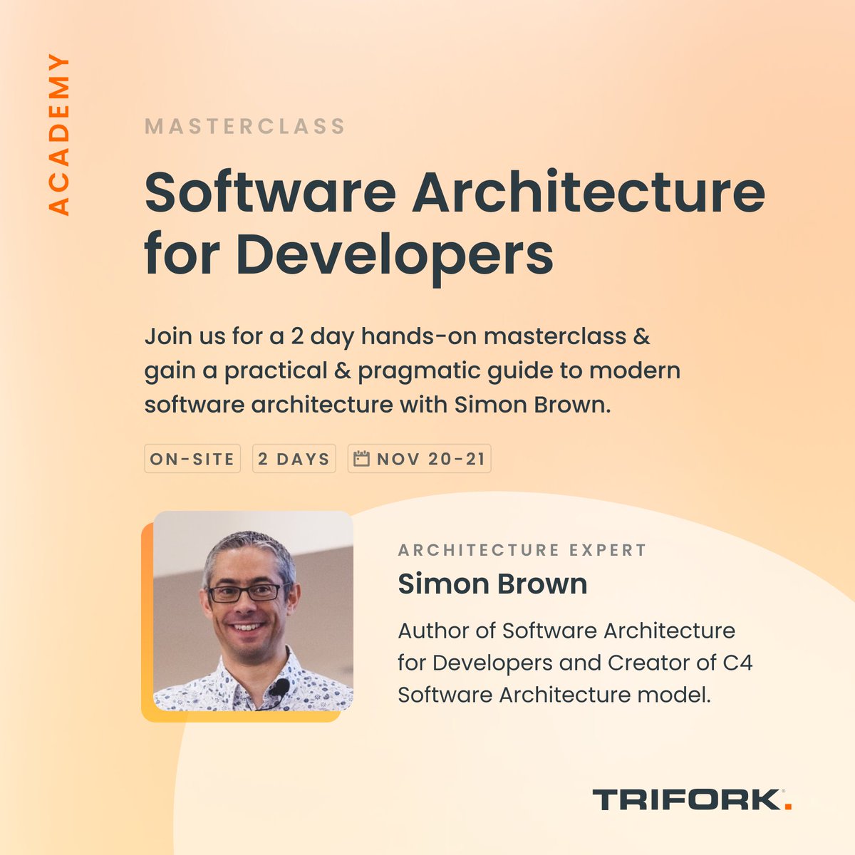 Trifork Amsterdam (@triforkams) on Twitter photo 🚀 Excited for <a href="/simonbrown/">Simon Brown</a>'s return to our Trifork Academy, Nov 20-21!
Dive into his #C4Model masterclass to upgrade your software architecture skills. Don’t miss this chance to learn from the Creator himself!
👉🏼 Register whilst spots last: trifork.nl/academy/our-co… 🚀 Excited for <a href="/simonbrown/">Simon Brown</a>'s return to our Trifork Academy, Nov 20-21!
Dive into his #C4Model masterclass to upgrade your software architecture skills. Don’t miss this chance to learn from the Creator himself!
👉🏼 Register whilst spots last: trifork.nl/academy/our-co…