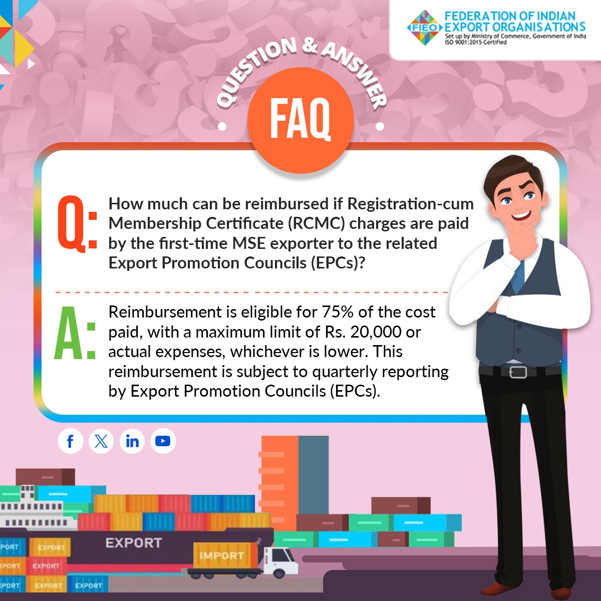 Joining FIEO?🌍Curious about the perks? Check out our FAQs to get answers!

Today's FAQ: How much can be reimbursed if RCMC charges are paid by the first-time MSE exporter to the related Export Promotion Councils (EPCs)?

Visit➡️fieo.org to learn more!

#FIEOFAQs