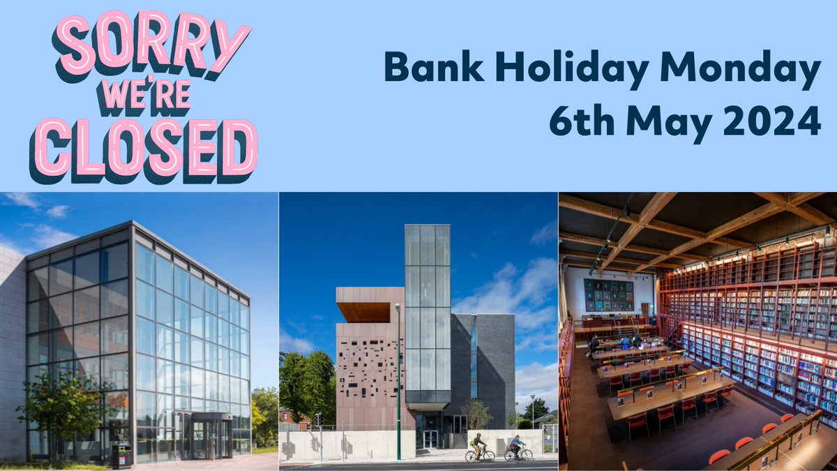 Attention library users! DCU Libraries will be closed on the bank holiday, Monday 6th May. See the website for full opening hours: bit.ly/3BfLigU