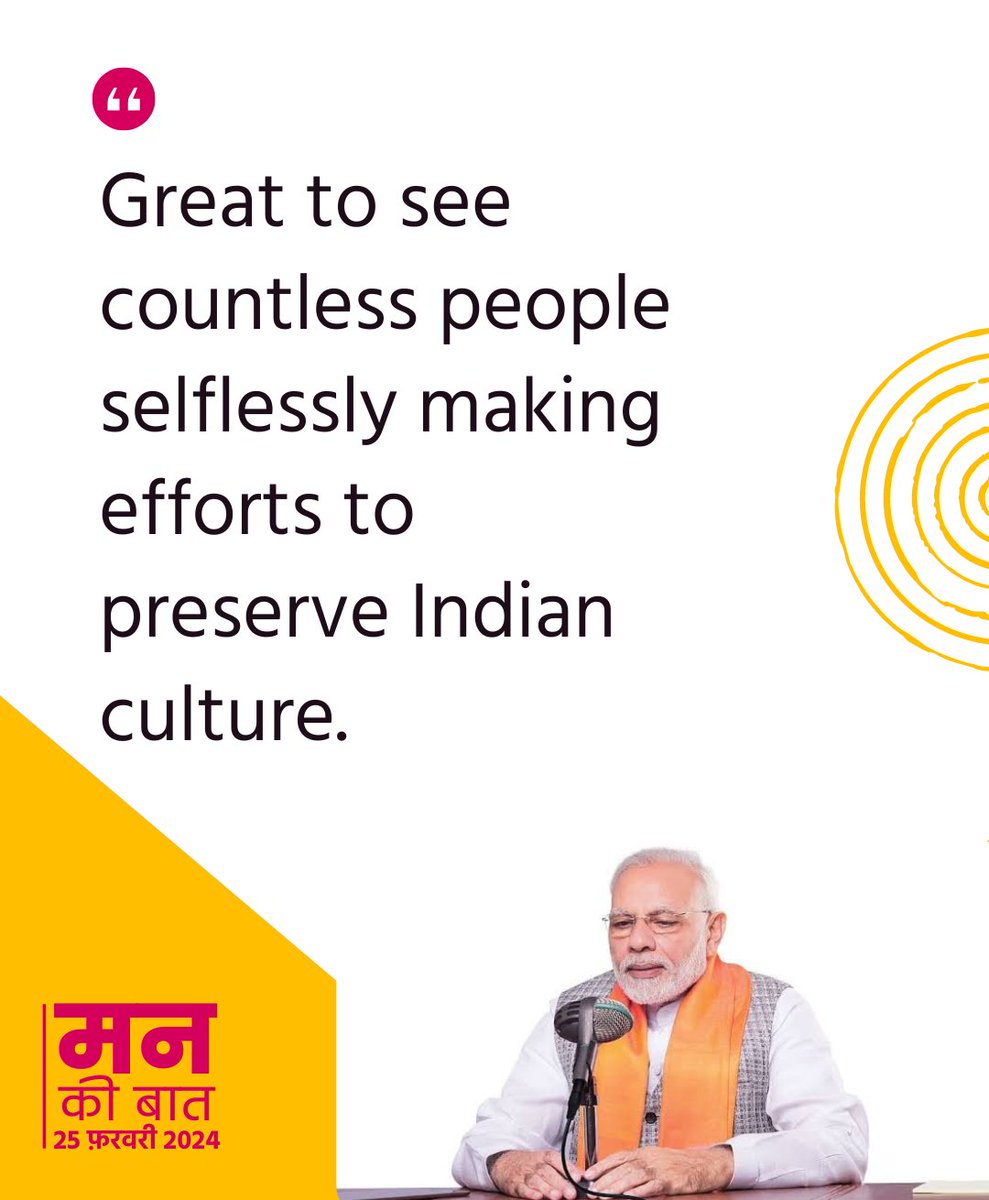 Great to see countless people selflessly making efforts to preserve Indian culture. #MannKiBaat