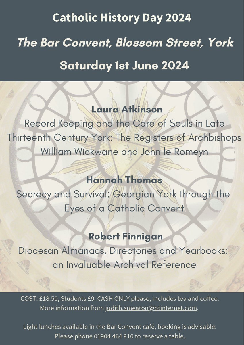 York Catholic History Day (1st June) at @barconventyork has a fantastic lineup of speakers, including @BarConvSpecColl! Details and booking information available below. #CathHist #Catholicism #history #york #CatholicHistory