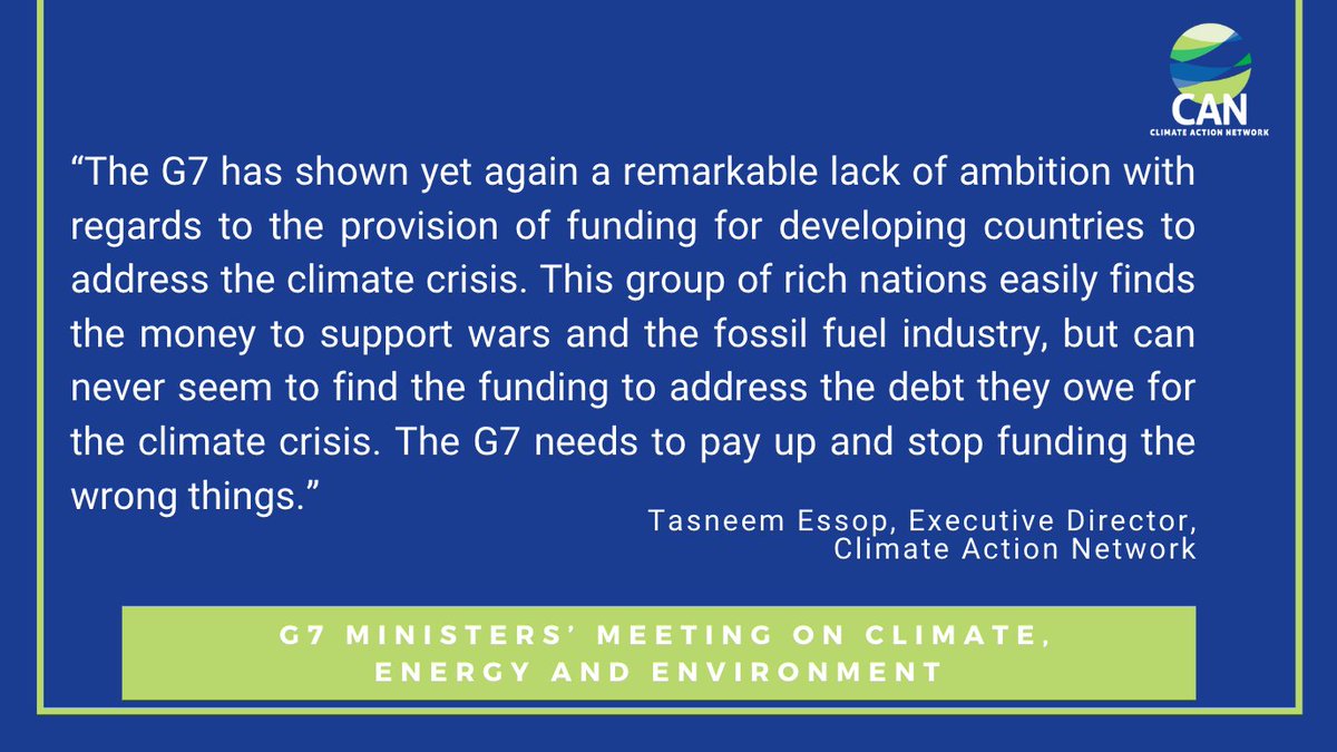 Climate Action Network is less than impressed with the latest communique from @G7 Climate, Energy and Environment Ministers. Read the civil society media reaction here ➡️ shorturl.at/iWX25 #G7Italy #G7 #fossilfuels #climatefinance