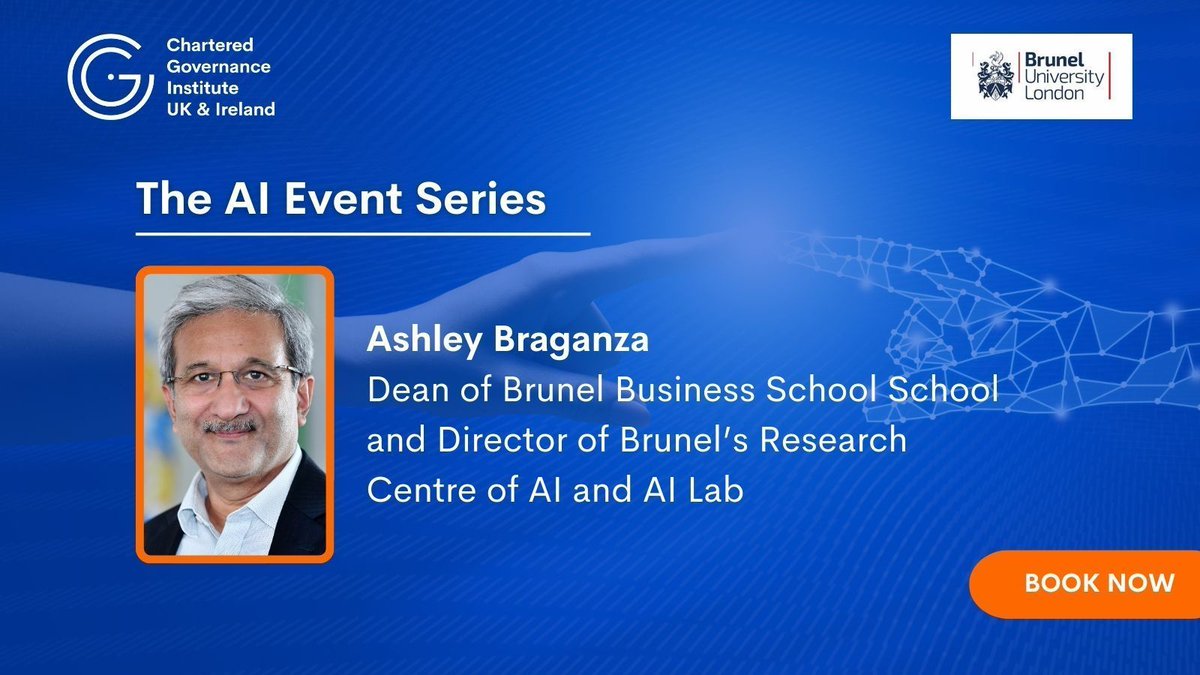 Professor @AshleyBraganza, Dean of Brunel Business School and Director of Brunel’s Research Centre for AI and AI Lab, will be leading our AI Series which is begins on the 9 May. Book your ticket now: buff.ly/3WktXhX #CGIUKI #AISeries #Governance #CGIUKIEvent