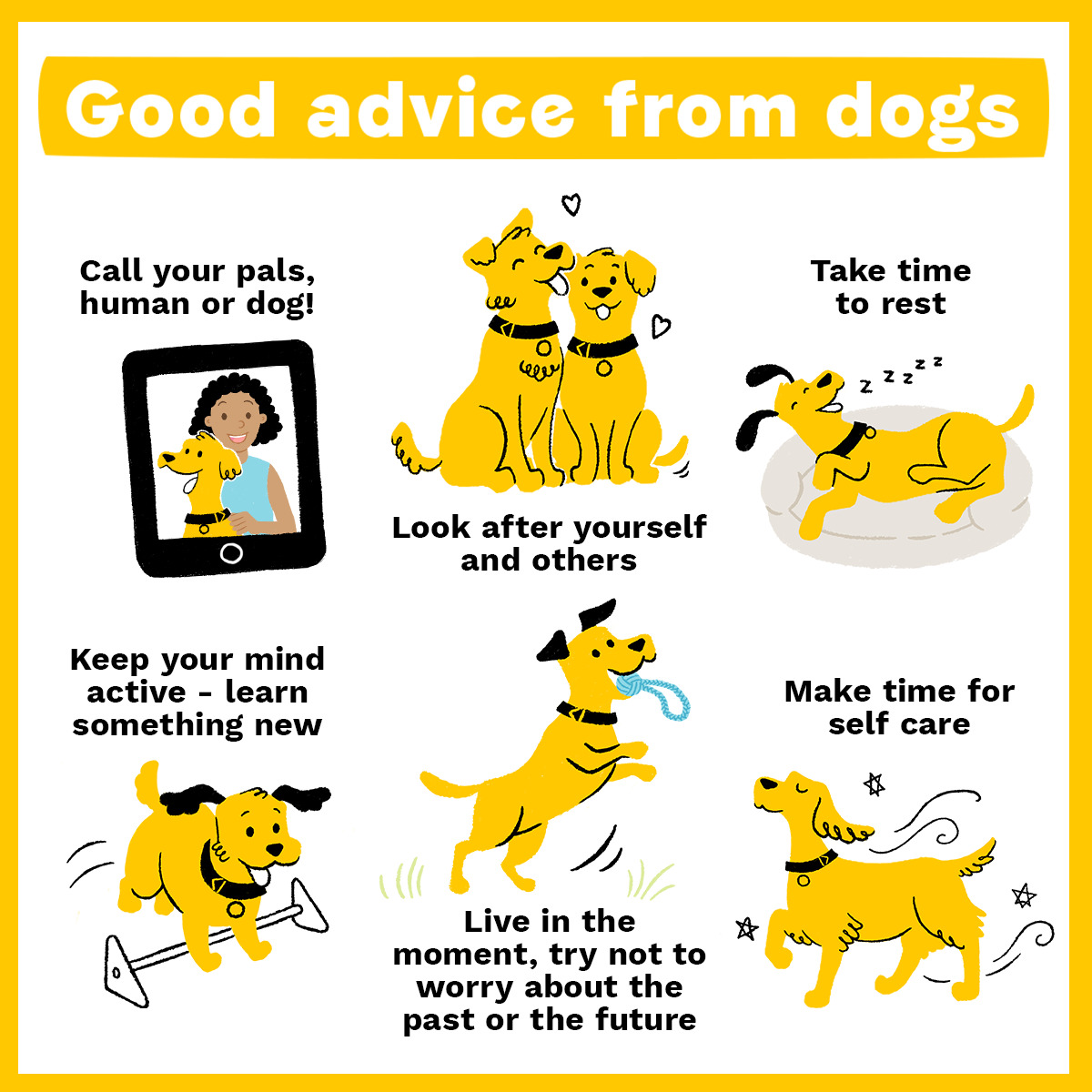 Our dogs have some advice for humans this #MentalHealthAwarenessMonth 🐶 We're making it our challenge this month to be mindful of doing these simple things to improve our wellbeing 💛 Who wants to join us?