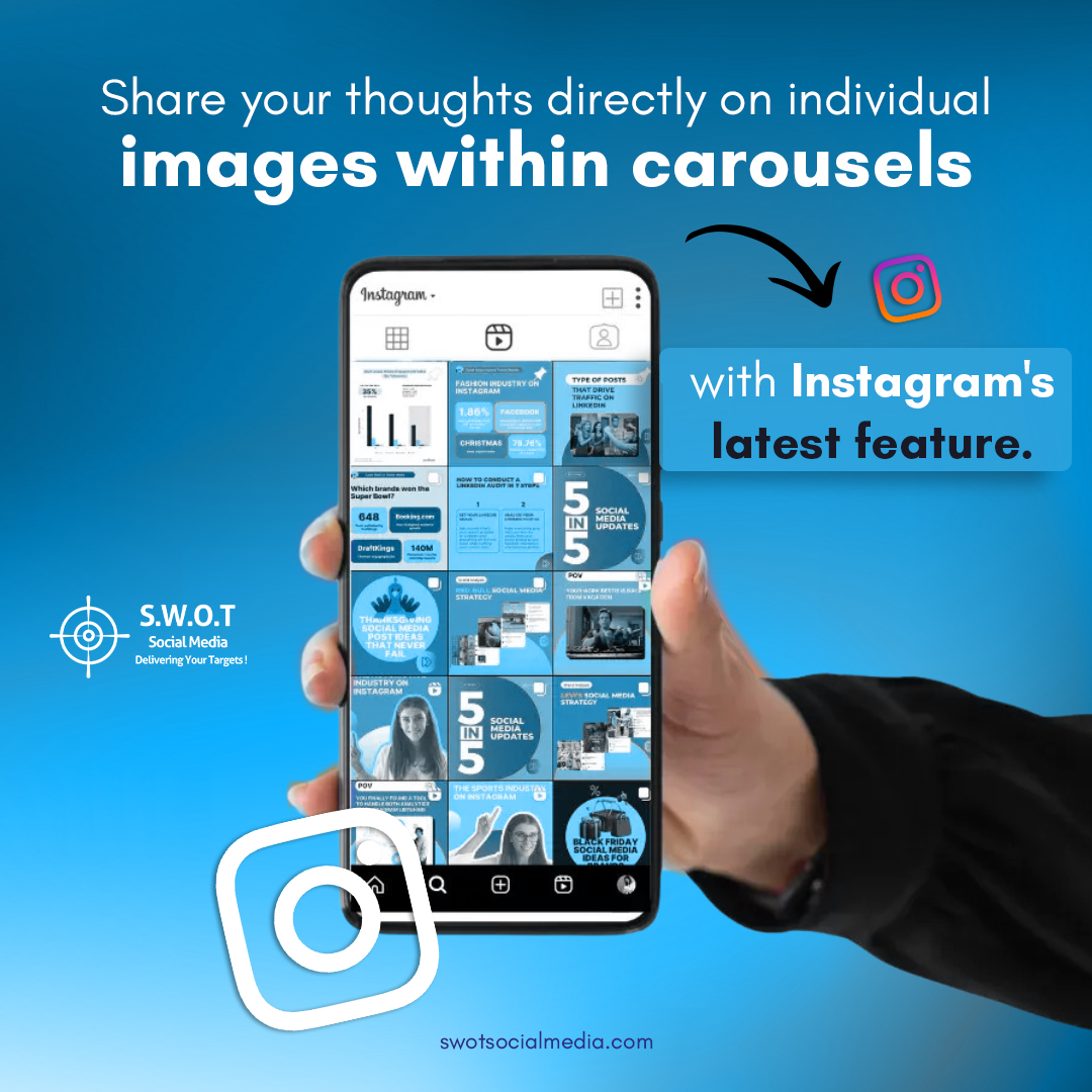 Exciting news from Instagram!

Now, comment on specific images within carousel posts by mentioning the image number.

Stay tuned for more updates!

#swotsocialmedia #socialmediastrategies #digitalmarketing #SEO #swotanalysis #socialmediamarketing #websitedesign #websitetraffi ...