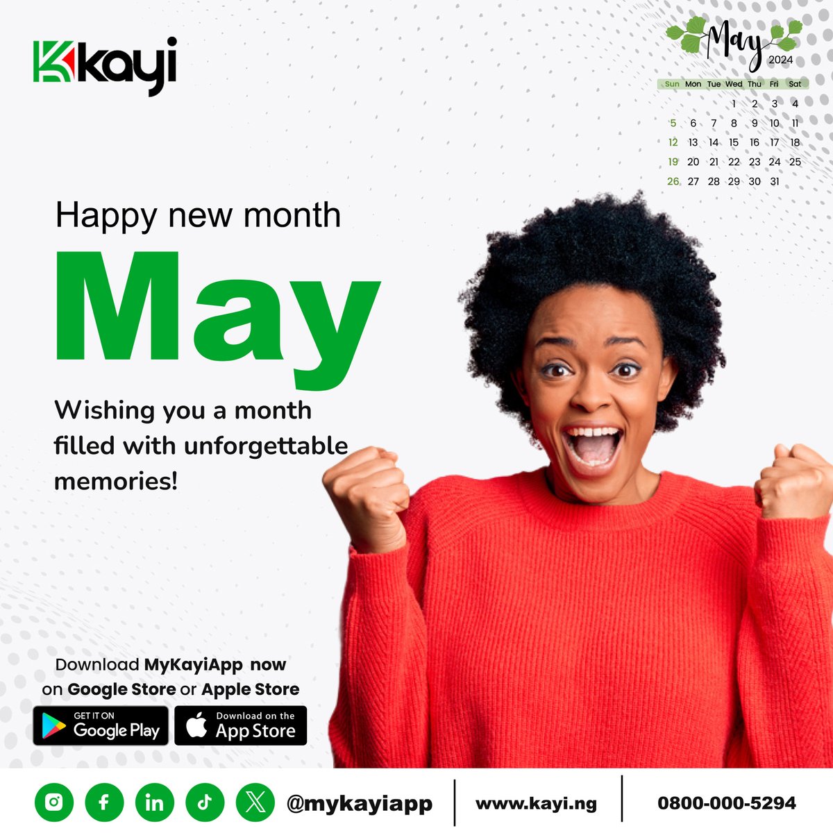 Let's make May unforgettable! Begin your journey of financial inclusion, revolutionized and traditional banking by downloading Kayiapp from the Google Store or Apple Store. Here's to an incredible month ahead!

#MyKayiApp #NowLive #Kayiway #DownloadNow #downloadmykayiapp