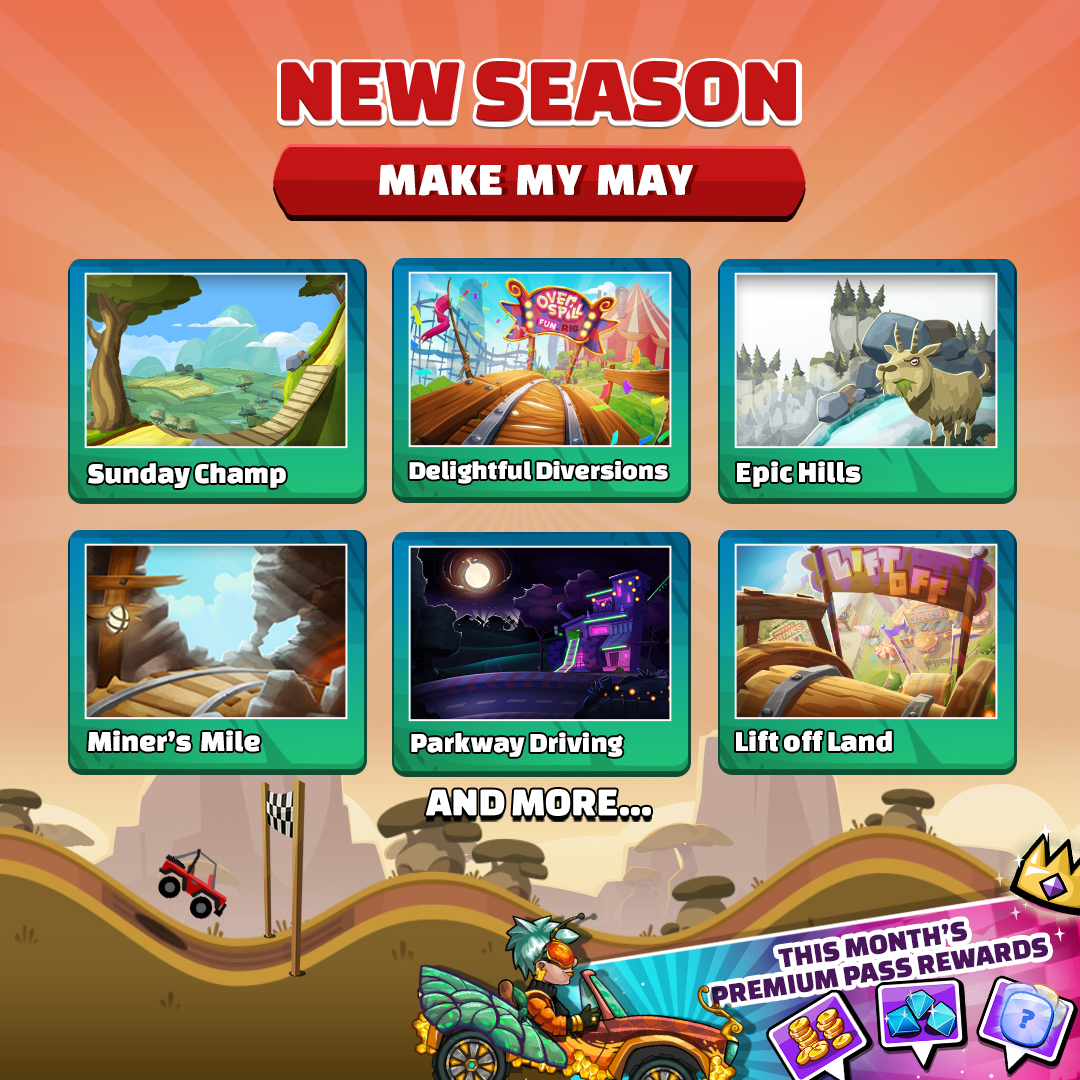 Mayday, mayday, today jumpstarts a new season in #HillClimbRacing2, Make My May! New rewards can be seen at bay 🎁