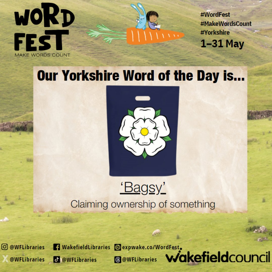 Word of the Day- 'Bagsy'
#makewordscount #wordfest #libraries #wakefield #festival #Yorkshire