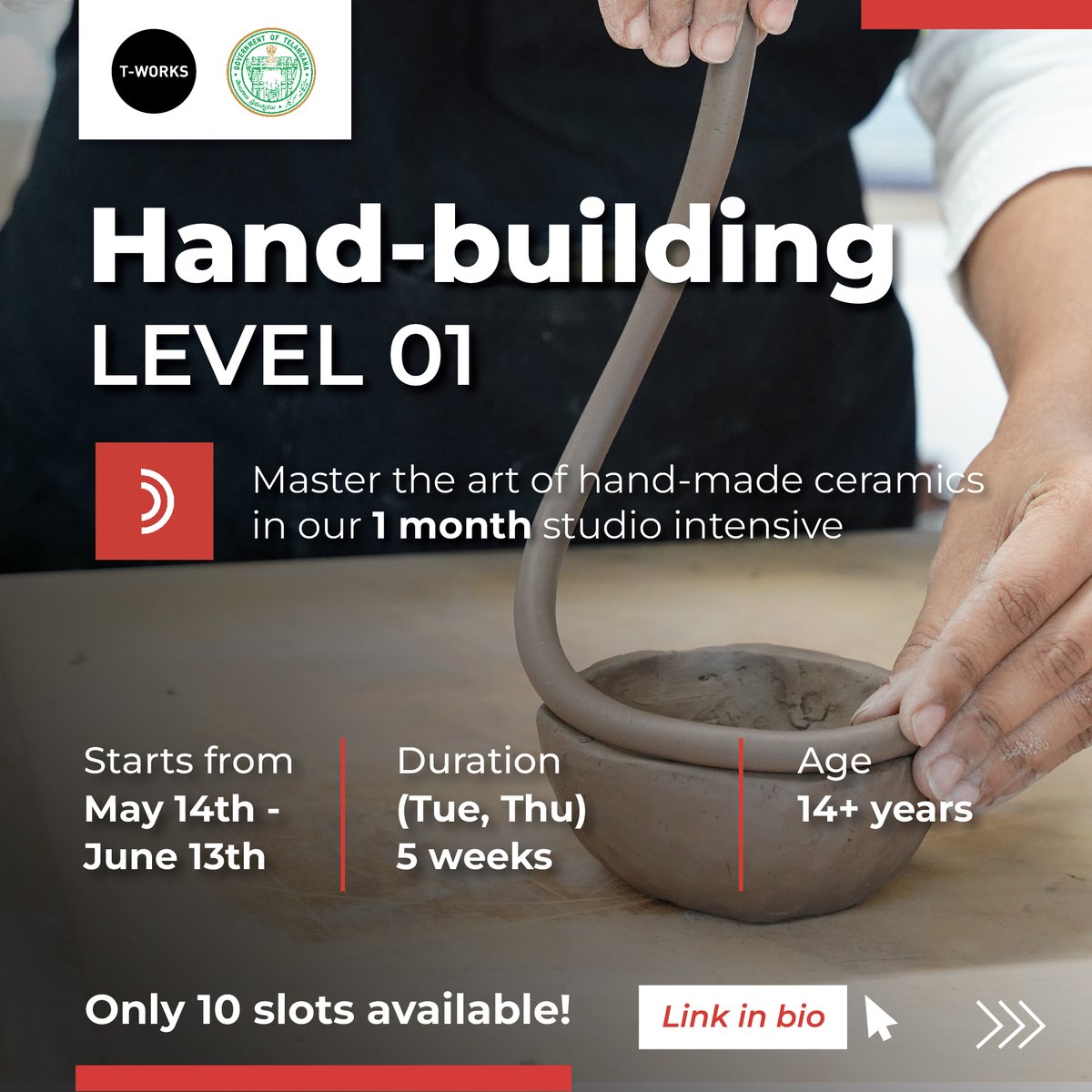 TWorksHyd's tweet image. Embark on a journey of creativity and craftsmanship through our newly launched Ceramics Programs! 

Register now! 
tworks.telangana.gov.in/ceramic-traini…
#ceramics #ceramicstudio #ceramicworkshop #ceramicclasses #pottery #wheelthrowing #clay #clayhandbuilding #tworks #hyderabadworkshops