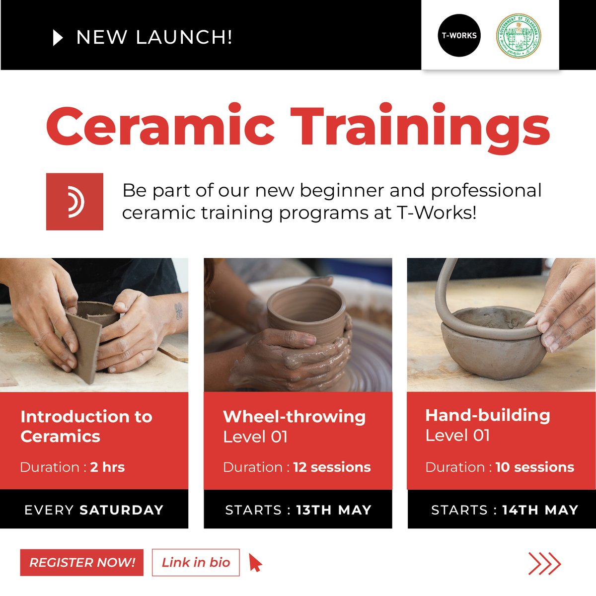 TWorksHyd's tweet image. Embark on a journey of creativity and craftsmanship through our newly launched Ceramics Programs! 

Register now! 
tworks.telangana.gov.in/ceramic-traini…
#ceramics #ceramicstudio #ceramicworkshop #ceramicclasses #pottery #wheelthrowing #clay #clayhandbuilding #tworks #hyderabadworkshops