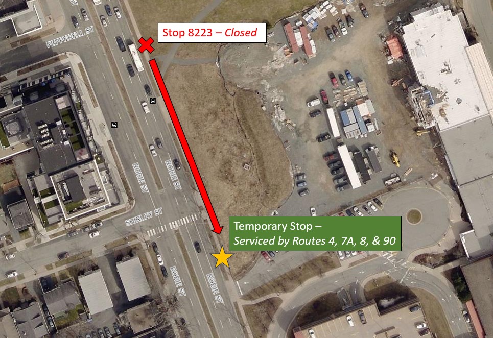 Stop Robie St Before Quinpool Rd (8223) will be closed from Tues., April 30, 2024, until further notice, due to construction. Passengers on Routes 4, 7A, 8, & 90 are directed to a temporary stop located approx. 50m before the current stop. More info: halifax.ca/htdisruptions#…