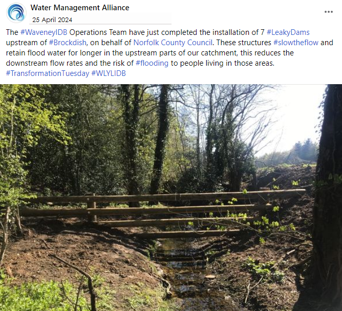 🌊💧 We've recently made a few adjustments & added two new dams to the #NFM project (April 23) in #Brockdish for @NorfolkCC! Over the very wet winter, the leaky dams have been tested several times & it became evident that they needed to be less 'leaky' to better #slowtheflow