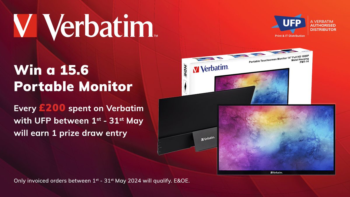 Enter our prize draw for a chance to win a 15.6 Portable Monitor by purchasing your Verbatim supplies from UFP during May – for every £200 of Verbatim sales we will give you 1 entry into the draw! Contact your UFP Account Manager on 01274 651800 #promotion #prizedraw #verbatim