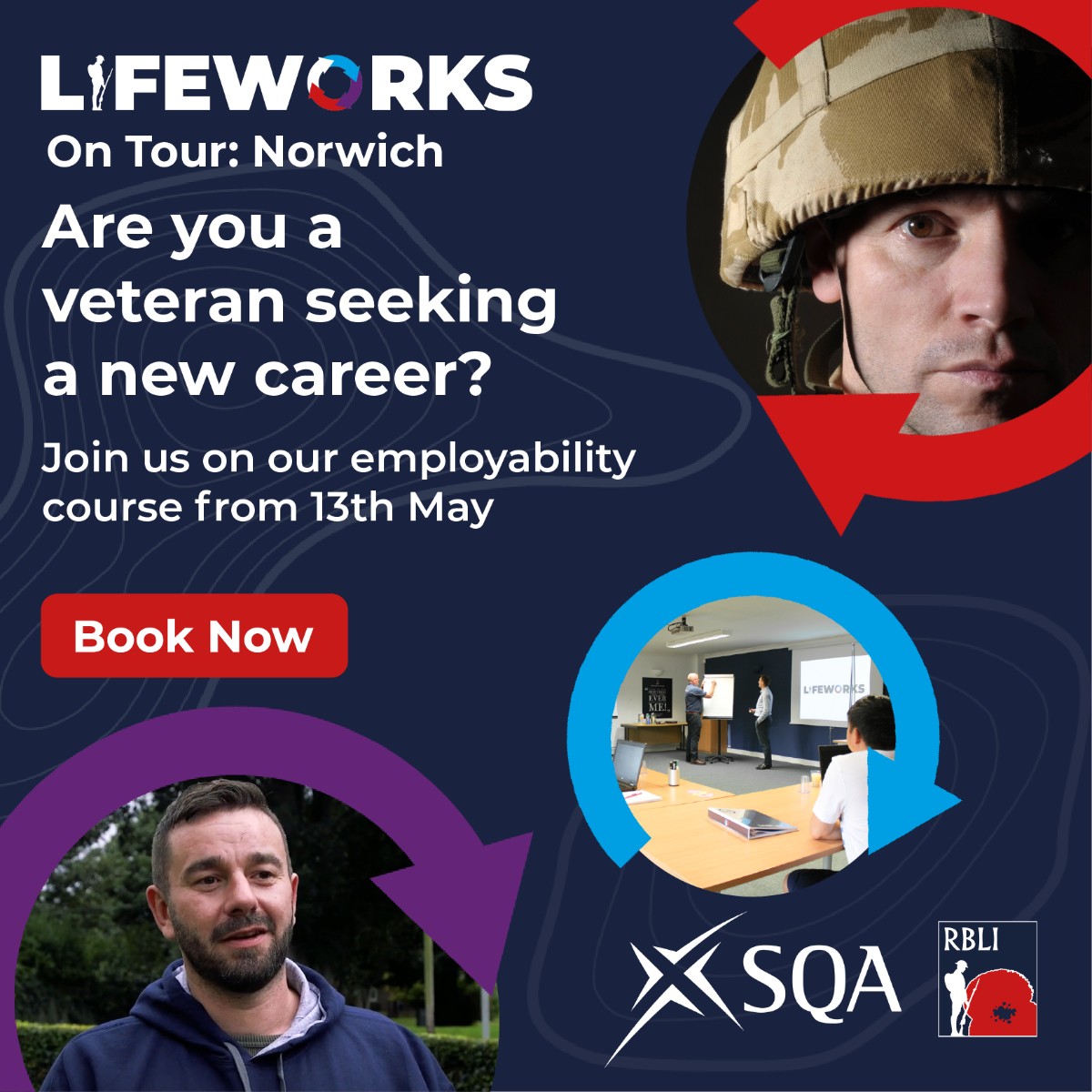 Our veteran-led Lifeworks team will be in Norwich from Monday 13th May providing our employment course to Armed Forces veterans. 💼📚 To find out more and to book your place, contact our Lifeworks team at lifeworks@rbli.co.uk or call 0800 3196 844.