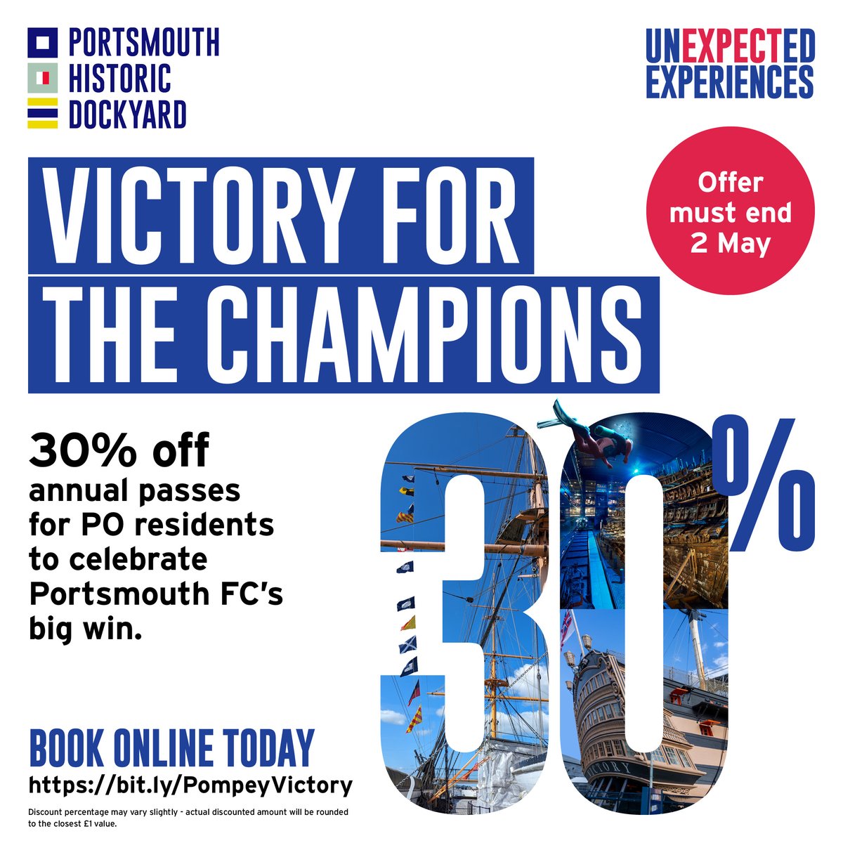 🚨 LAST CHANCE TO SAVE 🚨 

Get  30% off Ultimate Explorer tickets for anyone with a PO postcode. But time is running out - the offer ends tomorrow, 2 May 2024!

#PlayUpPompey #PortsmouthFC