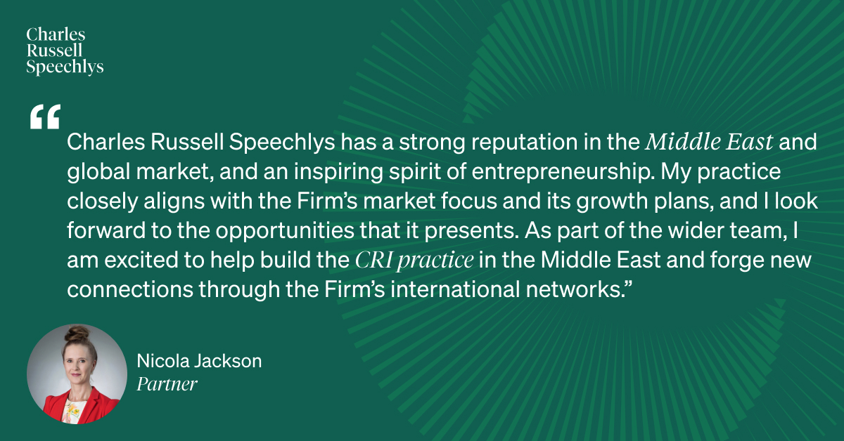 We are excited to announce the arrival of Nicola Jackson as a Partner in our Corporate Restructuring and Insolvency team in Dubai. Read more about Nicola here: crs.law/jYzk50RtbGZ