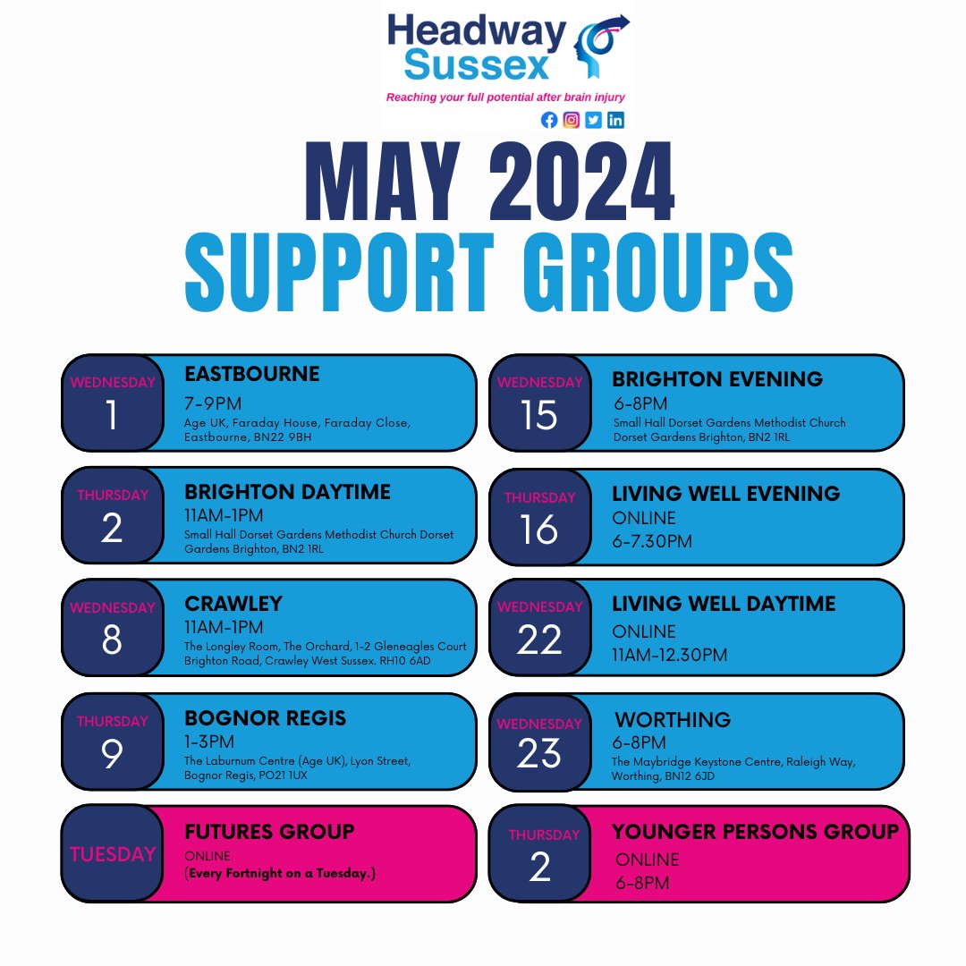 🌟 Join us for our upcoming Support Groups in May 2024! 🤝
We're here to provide a caring and supportive community for everyone.
Save the dates and spread the word! 🗓️✨
#HeadwaySussex #SupportGroups #BrainInjurySupport #BrainInjurySupportGroups