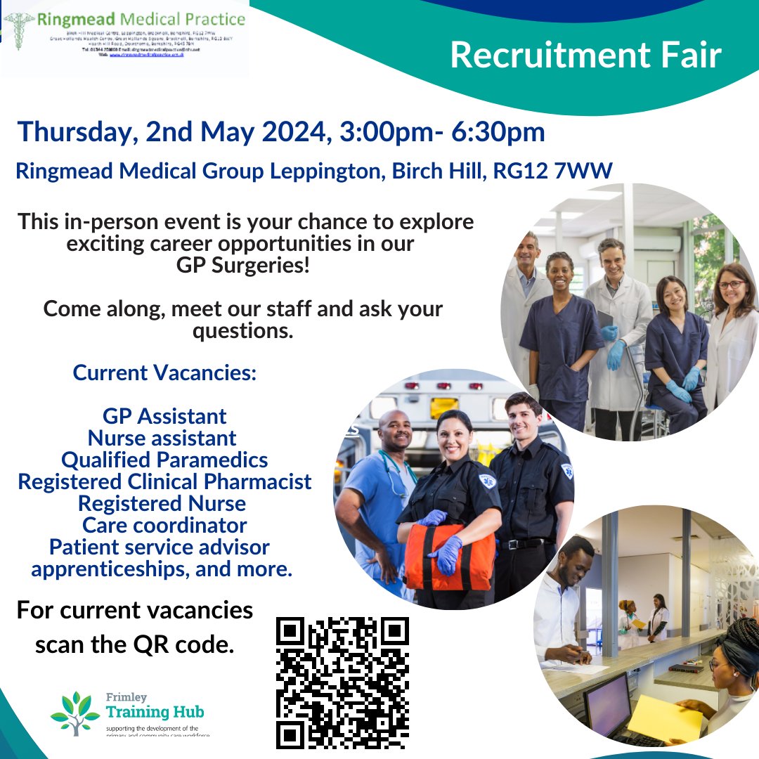 📢 1 day to go! Ringmead Medical Group are holding a Recruitment Fair on Thursday 2nd May between 3:00pm- 6:30pm. 🎉 Discover vacancies, meet practice staff and network with professionals #RecruitmentFair #CareerOpportunities #RingmeadMedicalGroup #JobFair